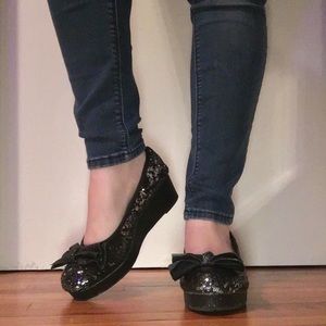 Black Sequin Platform Heels With Bows